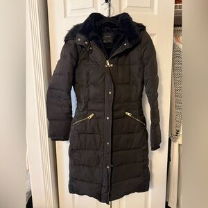 Zara Black Quilted Long Puffer Coat with Faux Fur Hood